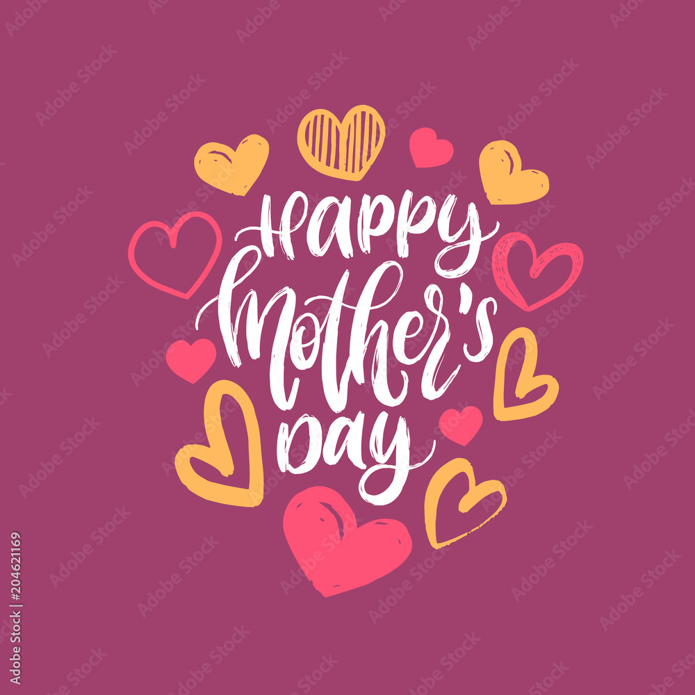 Happy Mothers Day vector hand lettering. Calligraphy illustration with drawn hearts for greeting card, poster etc.