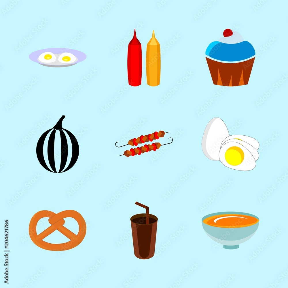 icons about Food with citrus fruit, ketchup, kebab, hot chocolate and bakery