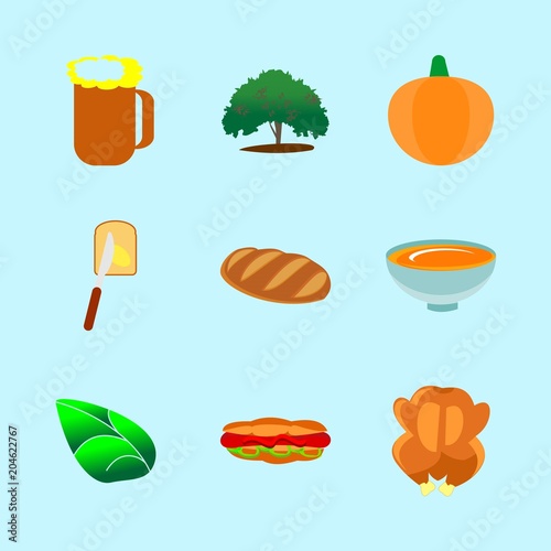 icons about Food with leaf, fried chiken, fresh, sweets and cooking