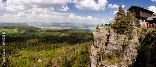 Fototapeta Naklejka Na Ścianę i Meble -  Panorama of Gory Stolowe in Poland, Europe with a chalet