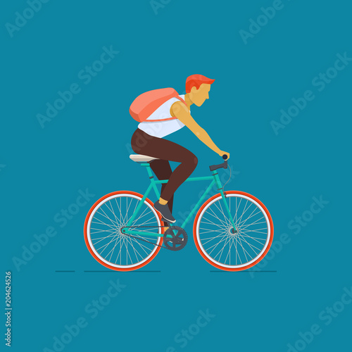 Young man with a backpack riding on the bicycle.  Flat vector illustration on blue background
