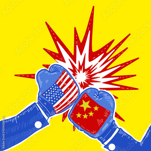 Conflict between USA and China,Boxing gloves with USA and China flag