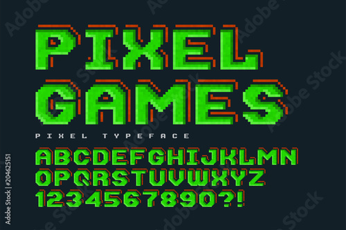 Pixel vector font design, stylized like in 8-bit games.