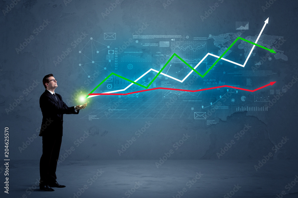 Caucasian businessman holding a stock-market, business and finance sign composition Caucasian businessman holding a stock-market, business and finance sign composition