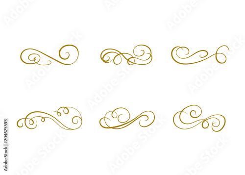 VECTOR collection of design elements, calligraphic swirls and scrolls for certificate decoration, greeting cards, wedding invitations. Golden line background.