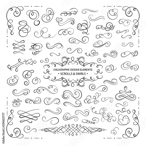 VECTOR collection of design elements  calligraphic swirls and scrolls for certificate decoration  greeting cards  wedding invitations. Black lines.