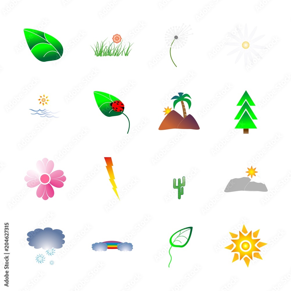 icon Nature with daisy, ocean, sun mountain, garden and mountain