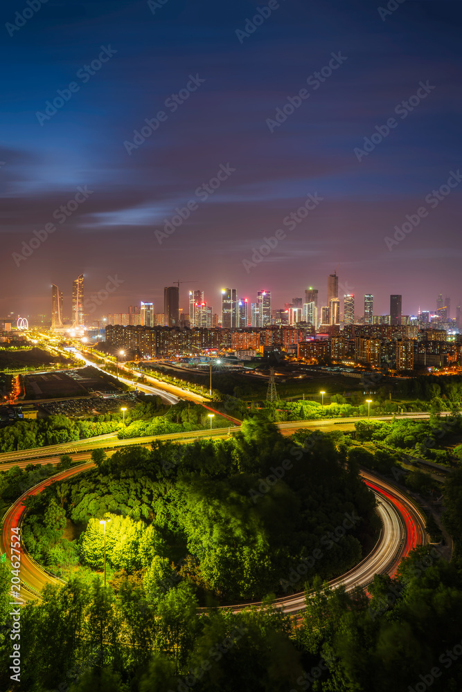 Modern city sunset, busy traffic, business center, in Nanjing Modern city sunset, busy traffic, business center, in Nanjing