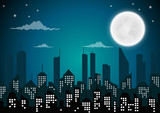 Silhouette of the city and night with  full moon at the sky.vector