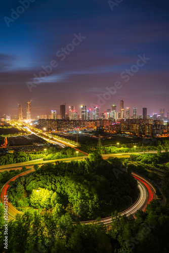 Modern city sunset, busy traffic, business center, in Nanjing