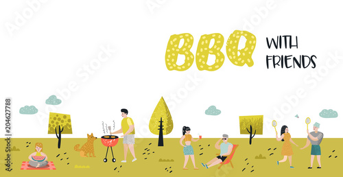 Park Landscape with Active People on BBQ Party. Friends on Summer Barbeque and Grill. Barbeque Poster, Banner, Invitation. Vector illustration
