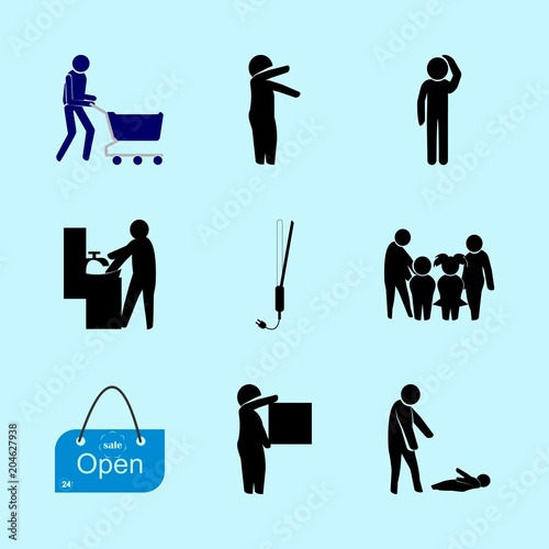 icons about Human with control, lotus, hair dryer, bubble and basket