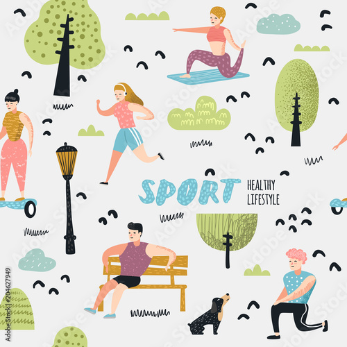 Summer Outdoor Sports Activities Seamless Pattern. Active People in the Park Background. Running, Yoga, Roller, Fitness. Characters Doing Workout Outside. Vector illustration