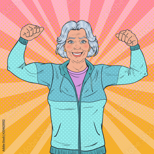 Pop Art Smiling Senior Mature Woman Showing Muscles. Healthy Lifestyle. Happy Strong Grandmother. Vector illustration