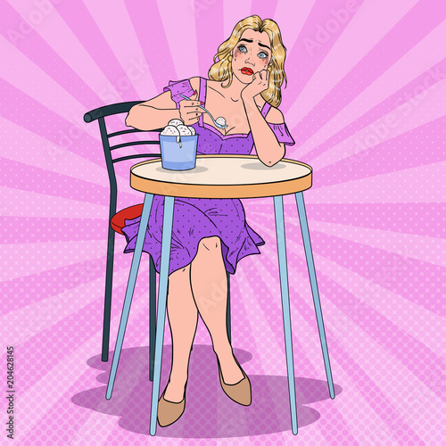 Pop Art Crying Alone Woman Eating Ice Cream. Upset Single Girl Bored in Cafe. Vector illustration