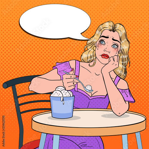 Pop Art Crying Alone Woman Eating Ice Cream. Despair Single Girl Bored in Cafe. Vector illustration