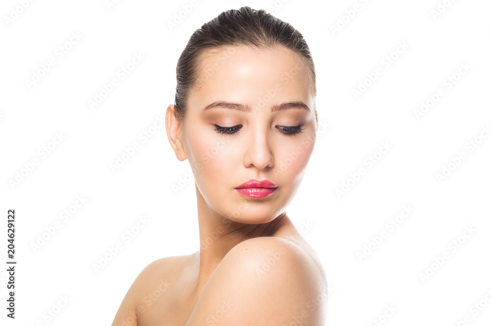 Spa brunette woman on white isolated background looking down Spa brunette woman on white isolated background looking down
