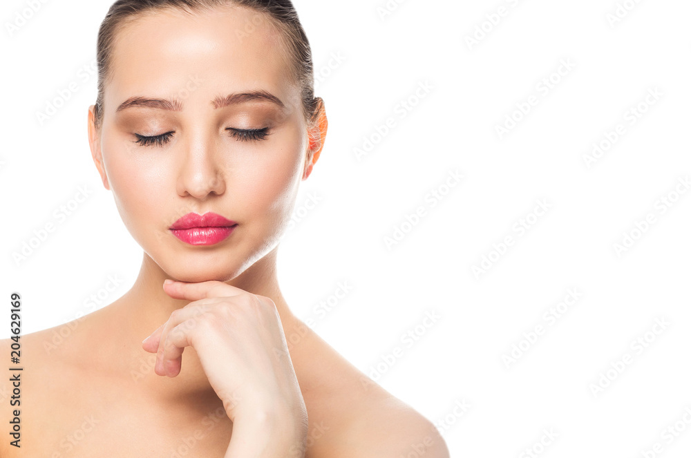 Face of a beautiful woman, closeup portrait. Spa, makeup, care, clean skin concept Face of a beautiful woman, closeup portrait. Spa, makeup, care, clean skin concept