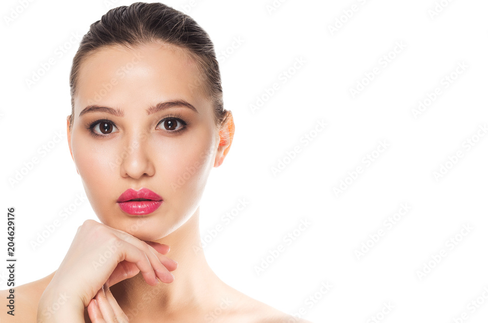 Beautiful sensual woman with fresh clean skin of the face on white background, copy space. Beautiful sensual woman with fresh clean skin of the face on white background, copy space.