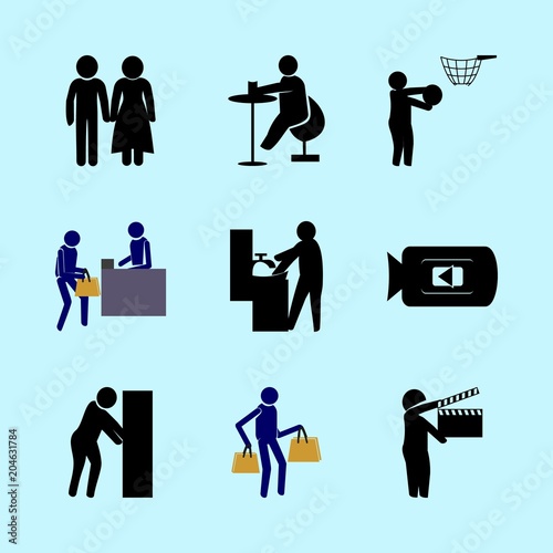 icons about Human with basket, help, sports, tap and wash