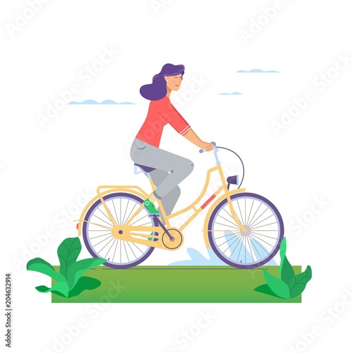 Beautiful girl happily riding bicycle in flat design isolated on white background.Woman s activity at the park concept illustration.