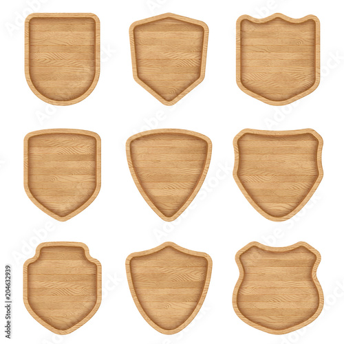 Set of realistic wooden sign plates with texture. Medieval shield signs for restaurants, pubs, bars. Blank banners with bold frames. Eps10 vector