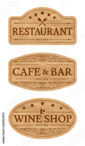 Wooden signboards with text scorched on wood. Design elements for outdoor advertising: bar, pub, cafe. Eps10 vector