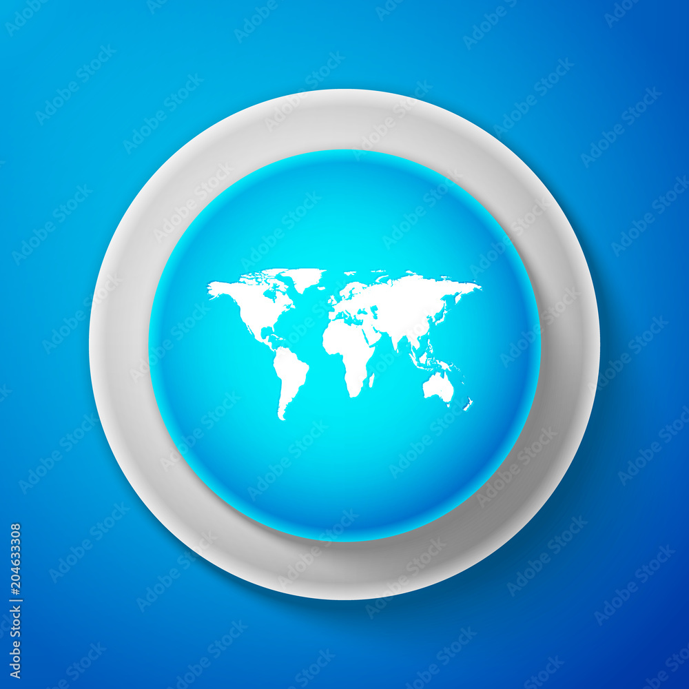 White World map icon isolated on blue background. Circle blue button with white line. Vector Illustration White World map icon isolated on blue background. Circle blue button with white line. Vector Illustration