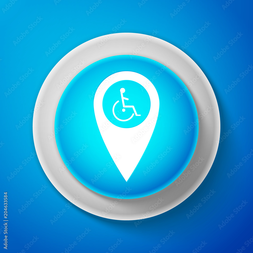 White Disabled Handicap in map pointer icon isolated on blue background. Invalid symbol. Circle blue button with white line. Vector Illustration White Disabled Handicap in map pointer icon isolated on blue background. Invalid symbol. Circle blue button with white line. Vector Illustration