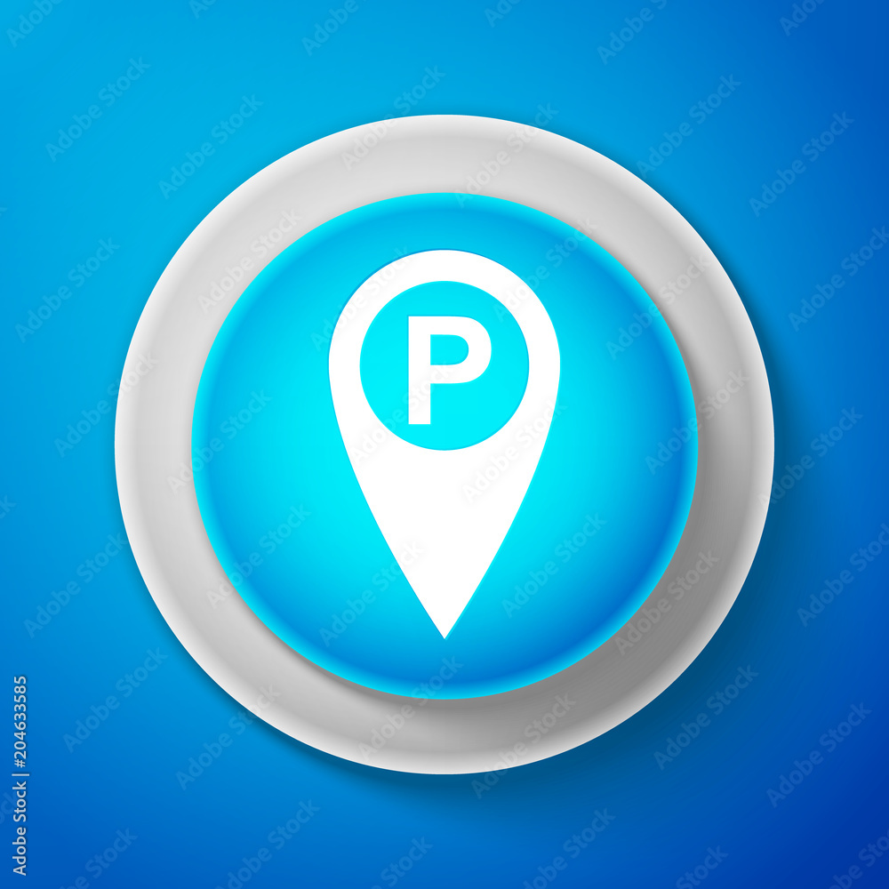White Map pointer with car parking sign isolated on blue background. Circle blue button with white line. Vector Illustration White Map pointer with car parking sign isolated on blue background. Circle blue button with white line. Vector Illustration