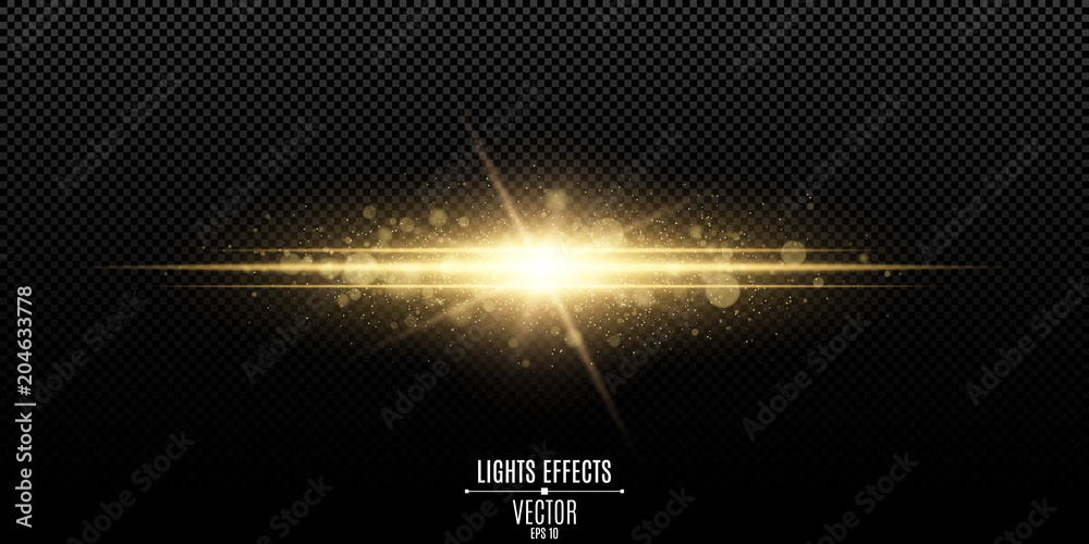Abstract magic stylish light effect on a transparent background. Gold flash. Luminous dust and glares bokeh. Vector illustration - obrazy, fototapety, plakaty 