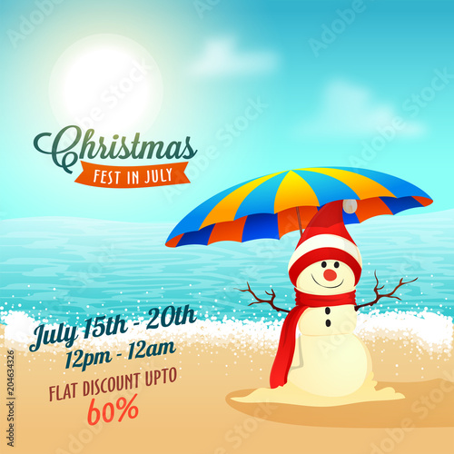 Christmas sale in July, poster, or banner template with snowman on the beach with sale date and discount offers.