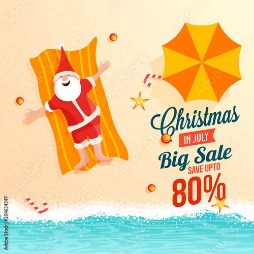 Christmas biggest sale in July, poster, or banner template with 80% discount offers, Happy Santa  Claus jumping on the beach.