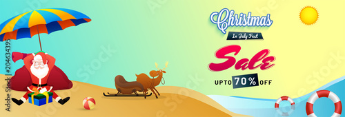 Christmas sale, web header or banner design with Santa Claus, gift boxes, reindeer with sleigh and beach background upto 70% off offer.