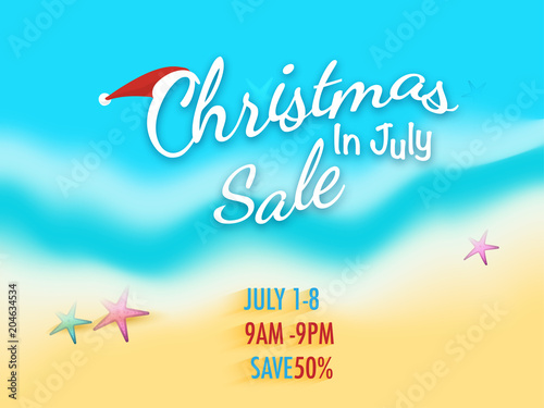 Christmas in july fest, sale banner, poster or flyer design with view of a beach, starfish and save upto 50% off offers.