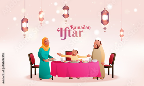 Beautiful invitation card design for Iftar on holy month of Ramadan with muslim family enjoying feast with hanging lanterns.