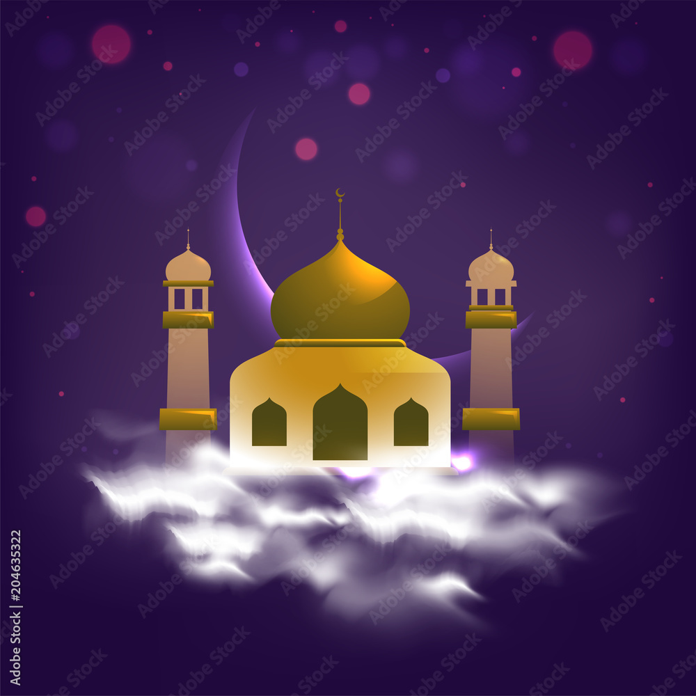 Golden mosque with intricate moon and clouds on purple background.