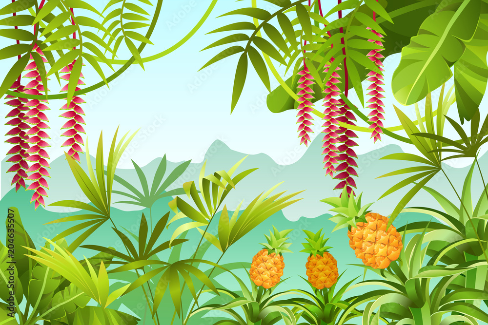 Game landscape with tropical jungle scene. Background vector ...