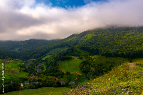 small Carpathian village in mountains. beautiful landscape with forested hills and agricultural fields on a cloudy morning