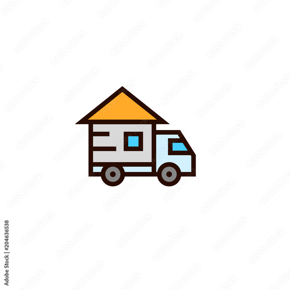 truck moving house icon with home symbol. relocation concept. simple clean thin outline style design. truck moving house icon with home symbol. relocation concept. simple clean thin outline style design.