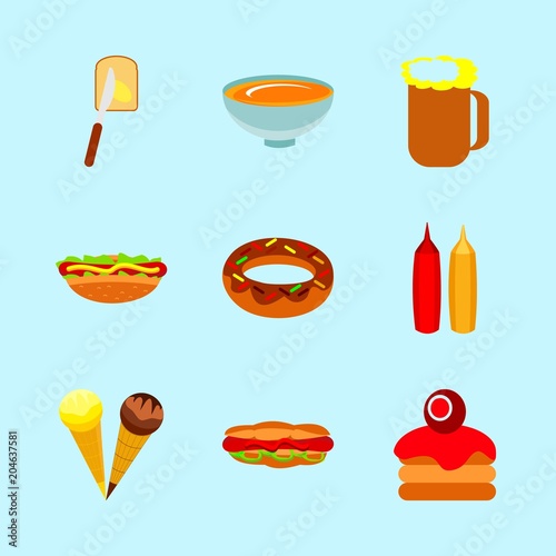 icons about Food with mustard, cakes, culinary, calories and hotdog