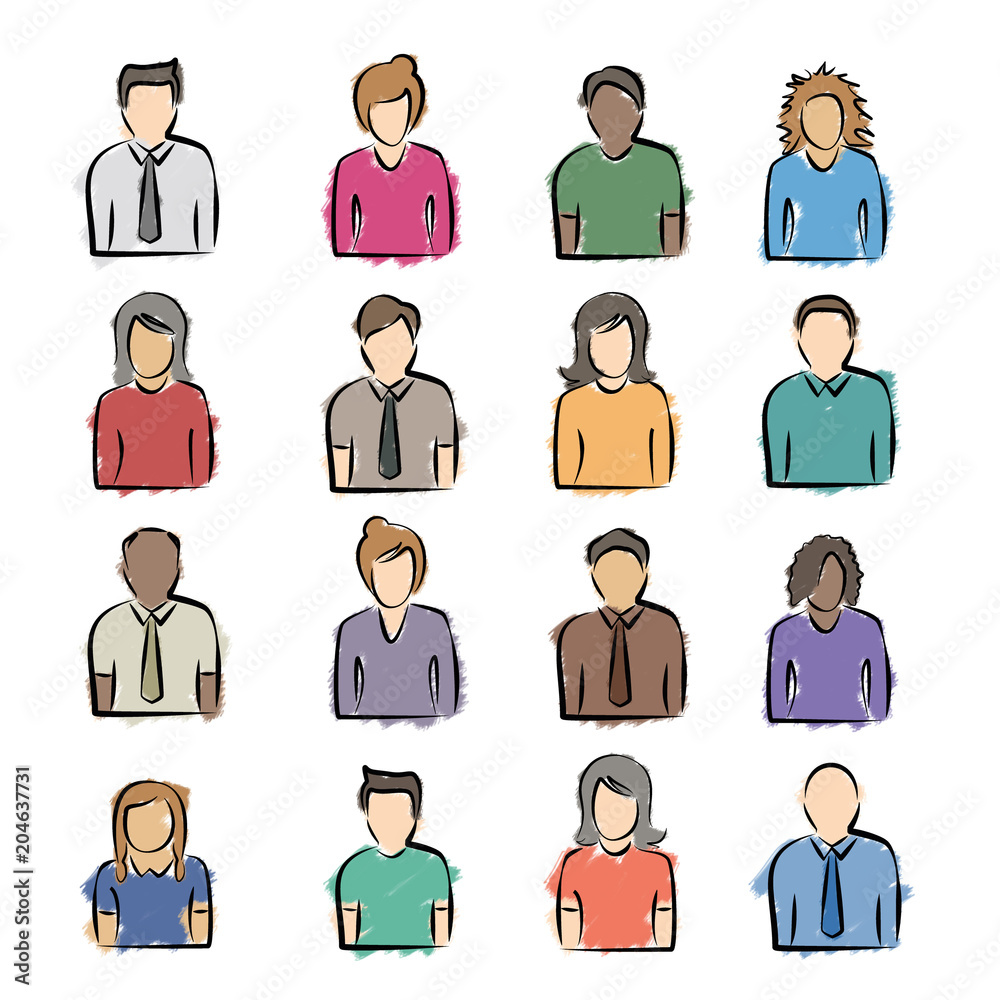A diversity of colorful sketched people icons A diversity of colorful sketched people icons