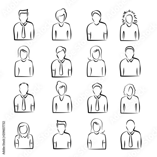 A collection of sketched people icons in black and white