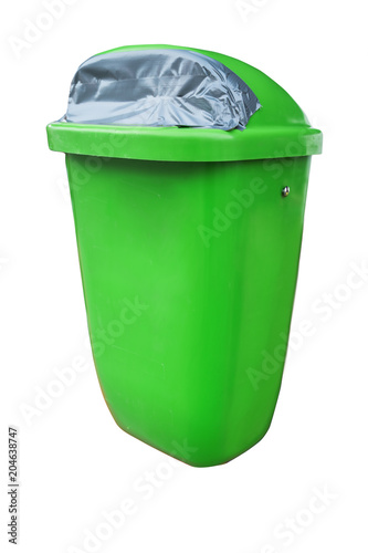 Plastic green public trash can or rubbish bin isolated on white, clipping path