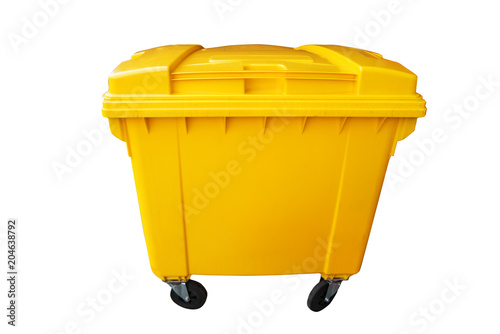 Public yellow trash can, recycle or rubbish bin isolated on white, clipping path photo