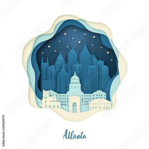 Paper art illustration of Atlanta. Origami concept. Night city with stars. Vector illustration.