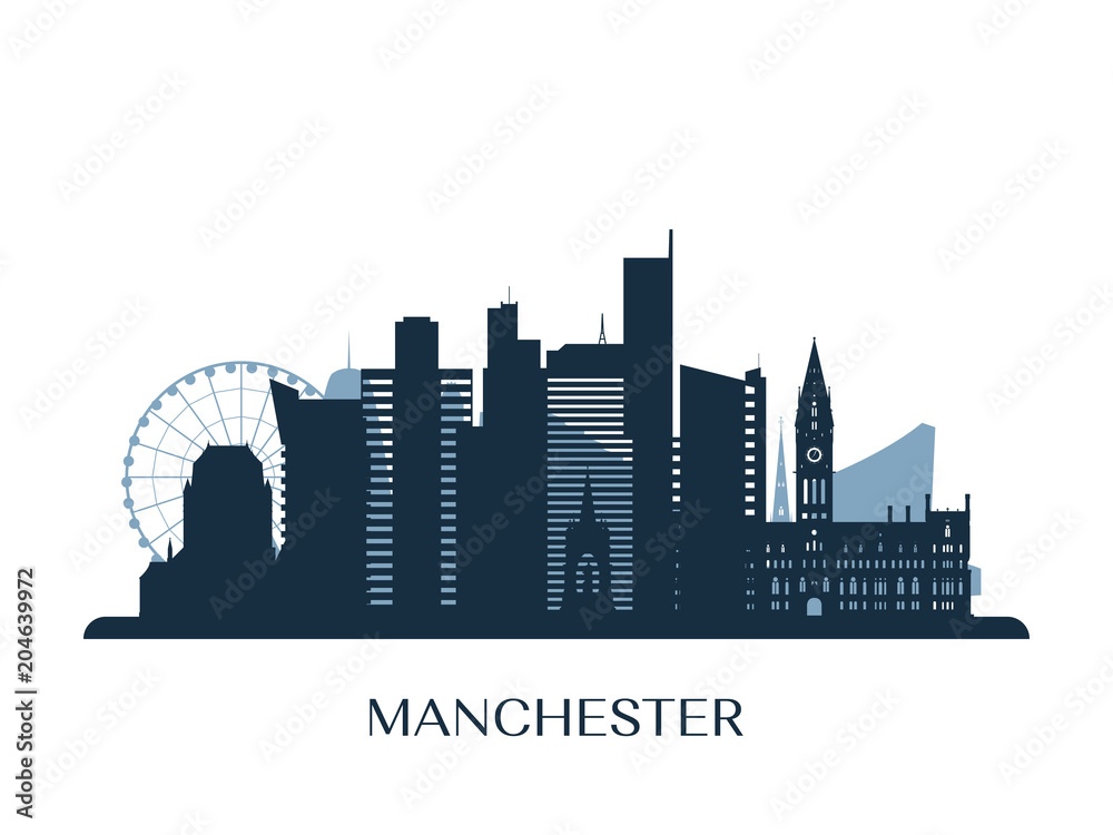 Naklejka premium Manchester skyline, monochrome silhouette. Vector illustration.