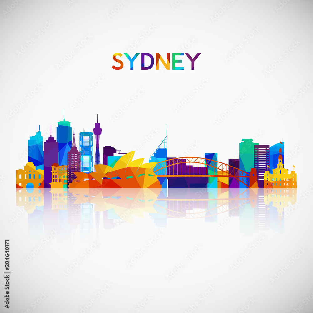 Naklejka premium Sylwetka panoramę Sydney w kolorowym stylu geometrycznym. Symbol Twojego projektu. Ilustracji wektorowych.