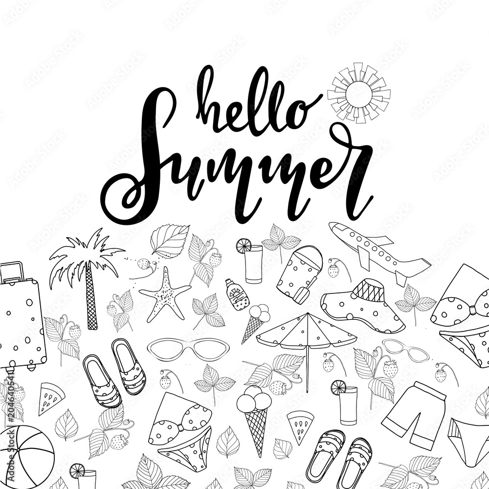 Summer lettering. Set hand drawn icons, signs and banners.