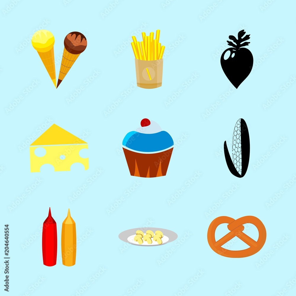 icons about Food with mushroom, cake, cheese, radish and ice cream